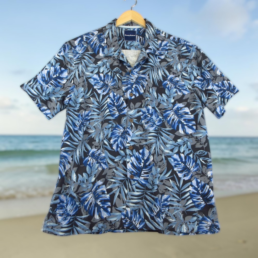 Tommy Bahama Hawaiian Shirt Mens XL Blue Aloha 100% Silk Monstera Leaf Camp